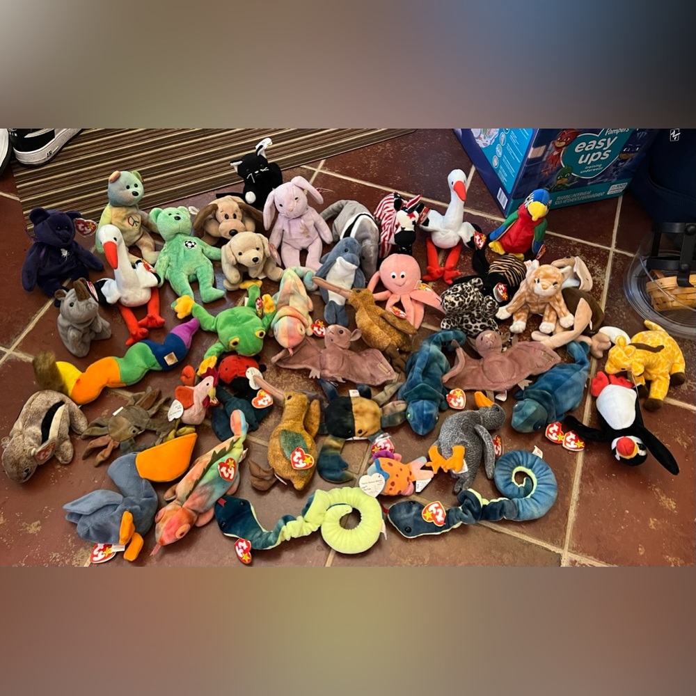 Beanie Babies with Tags w/PVC,P.E. Pellets Claude,Lips,Rainbow,Princess Diana